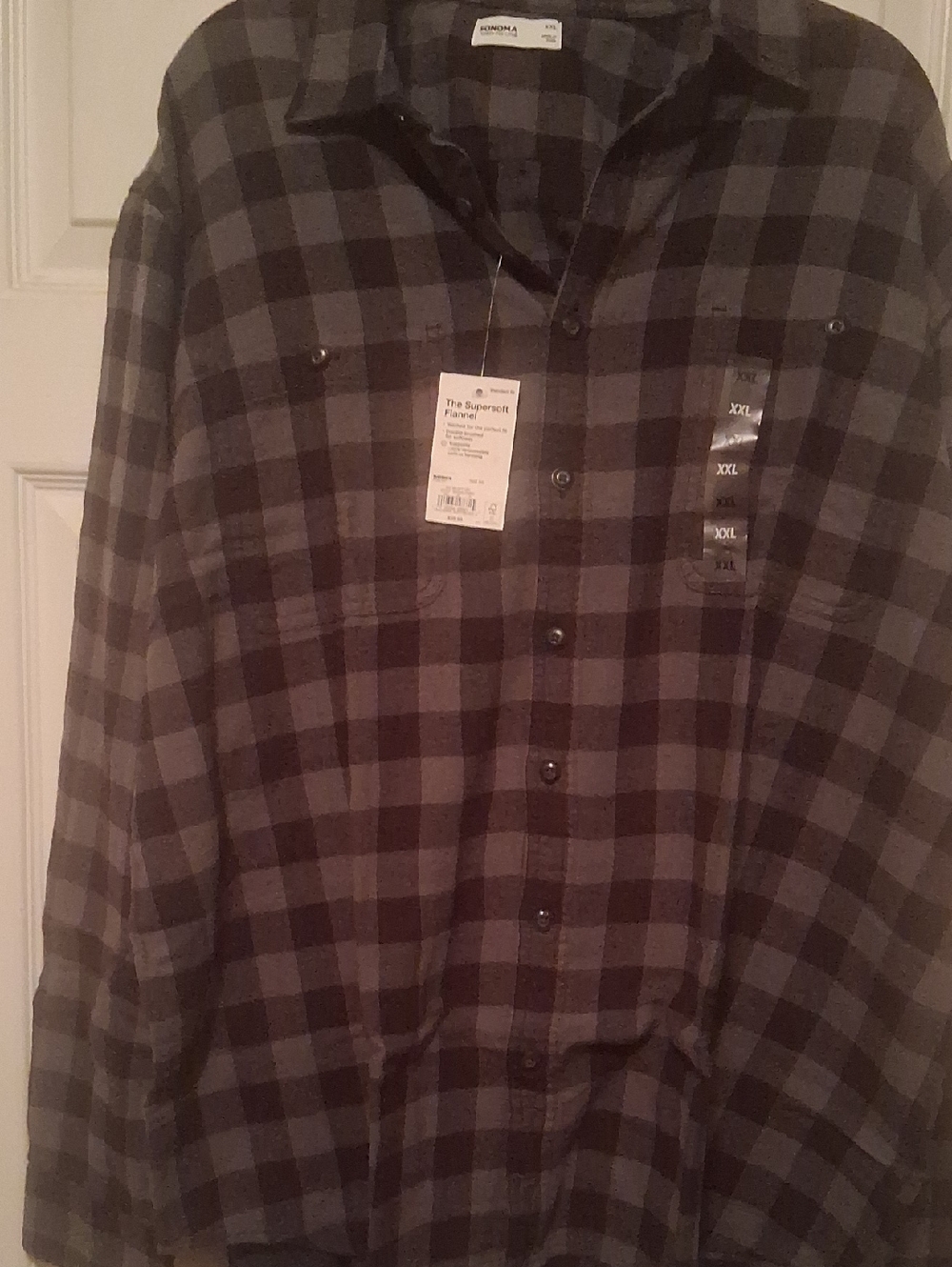 Sonoma Black and Gray Plaid Soft Flannel Button-Up Shirt W 2 Pockets XXL